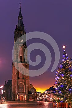 Nieuwe kerk Delft by night with Christmas decorations photo